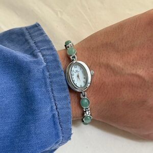 y2k silver round stainless steel quartz green stone charm watch